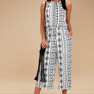 Lulus sparrow white print halter jumpsuit
